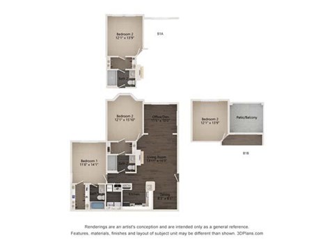 Floor plan for 2 beds, 2 baths, 1129 sqft